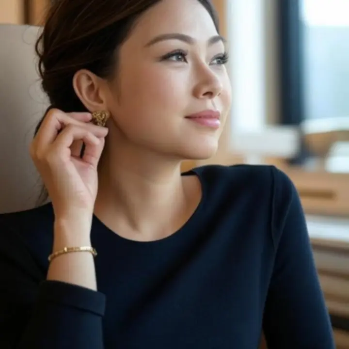 Klientka w eleganckim otoczeniu prezentująca biżuterię