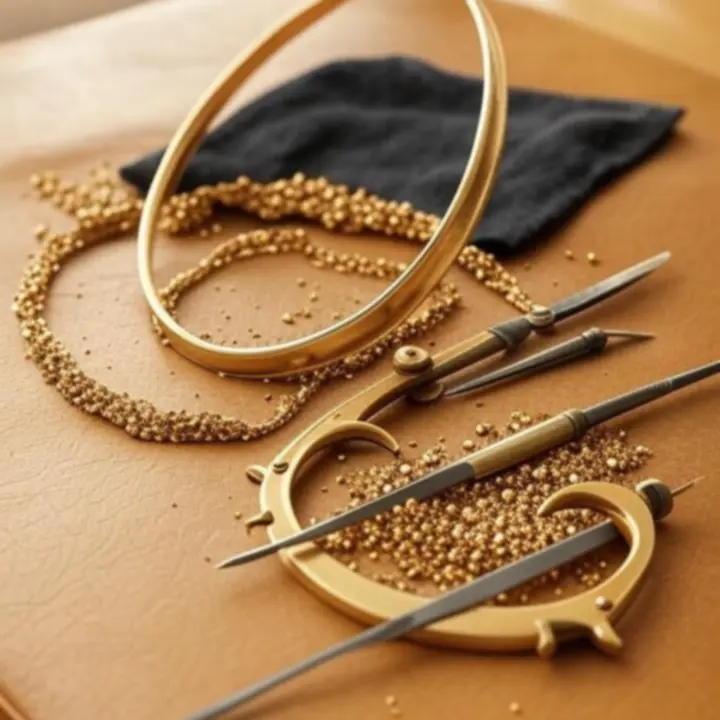 Narzędzia złotnicze ułożone na tradycyjnym stole warsztatowym