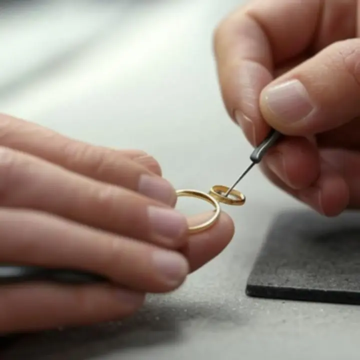 Szczegółowe zdjęcie rąk mistrza podczas ręcznego wykańczania biżuterii