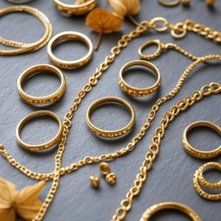 Kolekcja biżuterii złotej ułożona płasko na marmurowym blacie